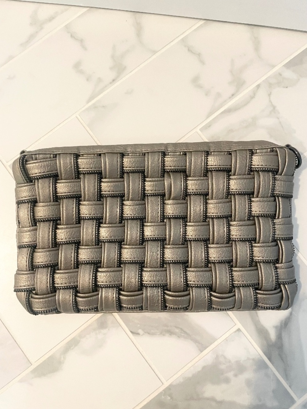 Metallic Taupe Woven Clutch Handbag Basket Weave Evening Bag